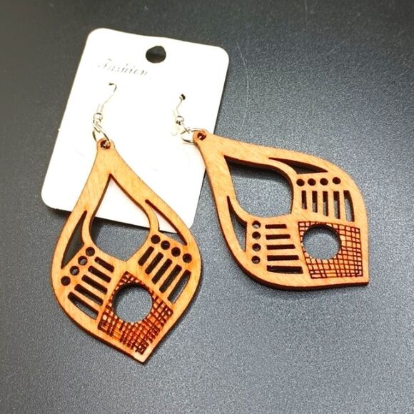 BOHO wood carved earrings lightweight jewelry tribal design - Picture 1 of 5